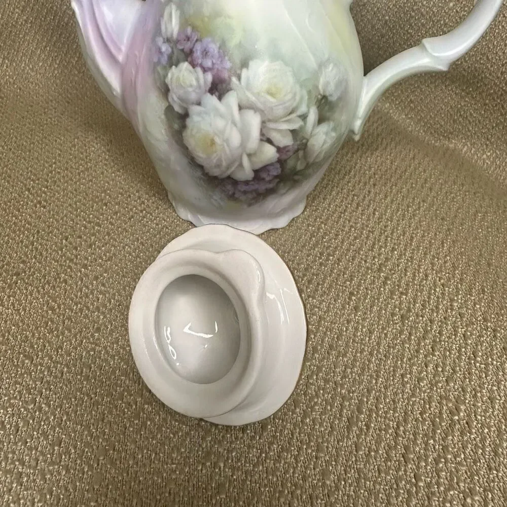 Vintage Bernadotte Porcelain Coffee Tea Pot Czech Republic Purple Roses 7.5”